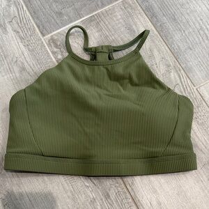 Ribbed Olive Green High Neck Sports Bra